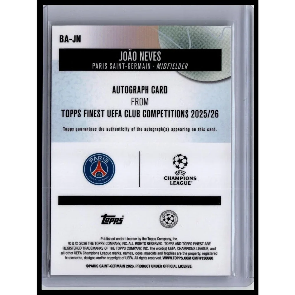 2025-26 Finest UEFA João Neves #BA-JN Paris Saint-Germain Base Auto Green #/99